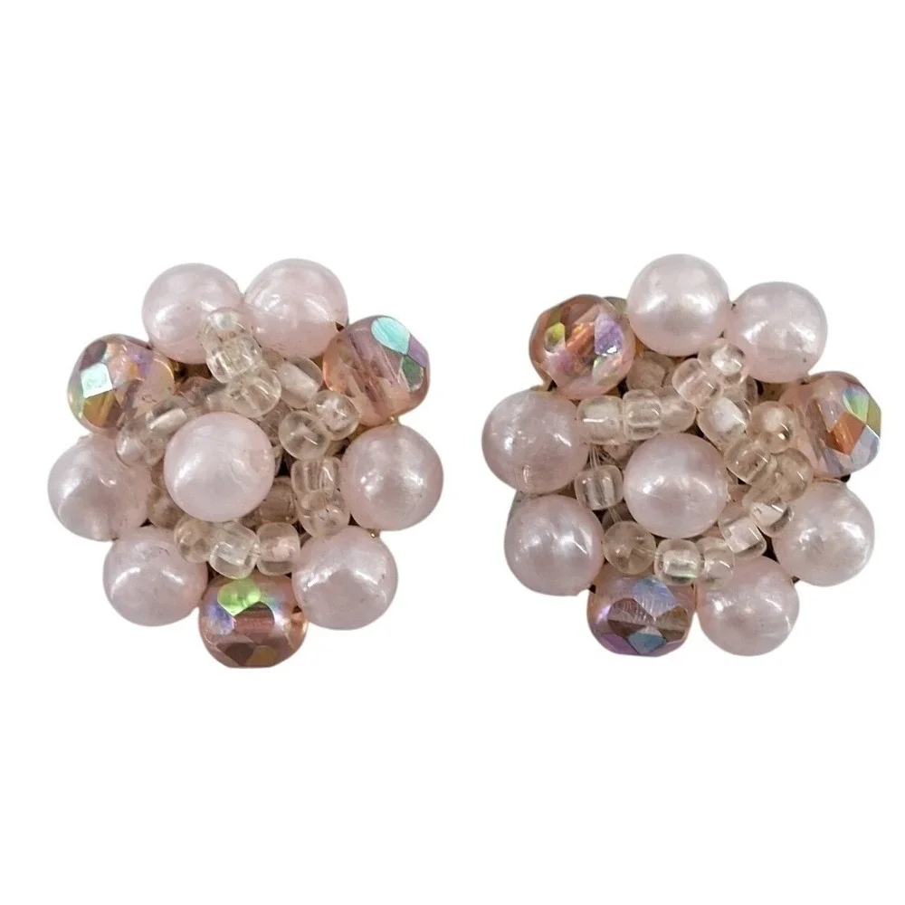 Vintage West Germany Pink Faux Pearl & AB Crystal Cluster Clip On‎ Earrings